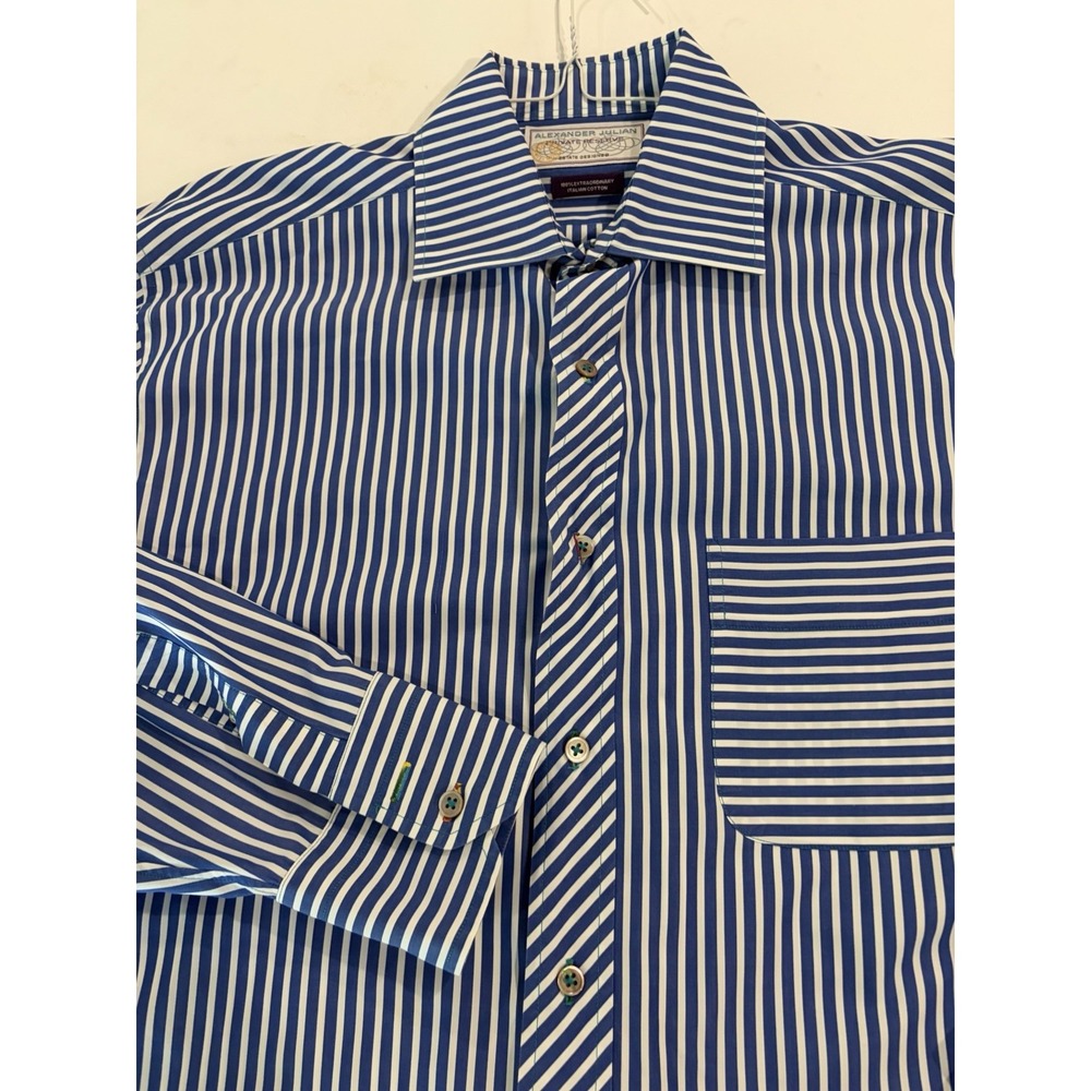 Alexander Julian Private Reserve Italian Cotton Shirt L Blue White Stripe Mens